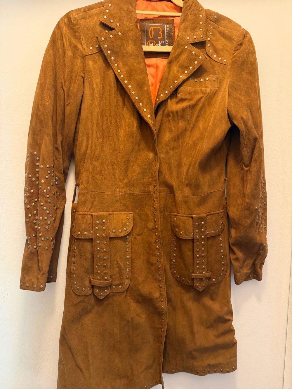Suede Studded Longline Leather Jacket in Cognac
